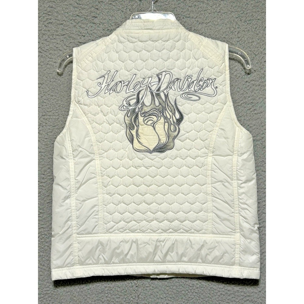 Womens Harley Davidson S‎ Cream Honeycomb Quilted Puffer Vest Embroidered - Picture 11 of 12